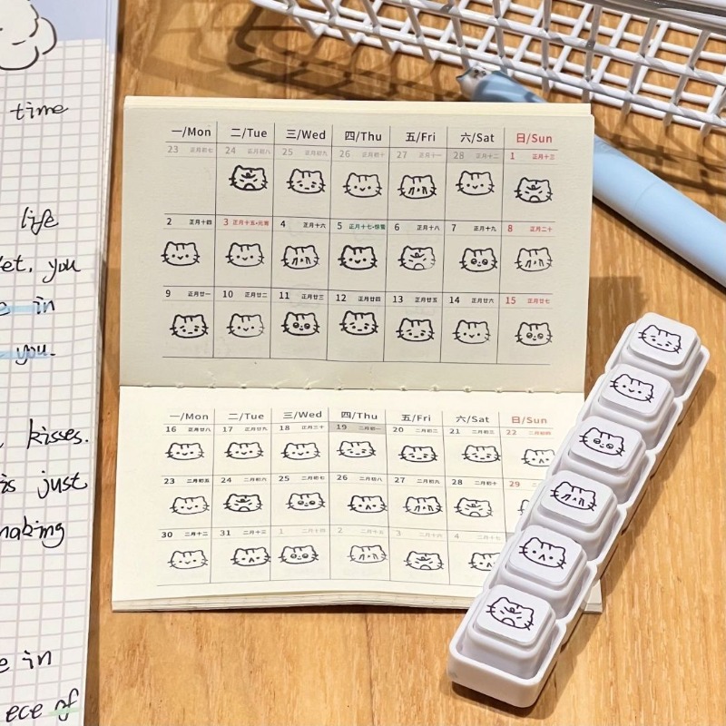 Rubber Date Stamp - Sevimli Kedi Karikatür Baskılı Çıkarılabilir Işığa